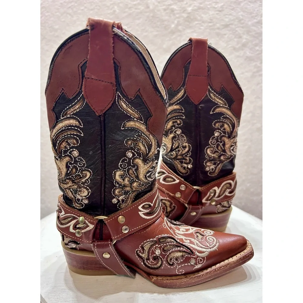 Botas Nicasio Kids Brown Leather Embroidered Cowboy Boots Rhinestone Harness 8